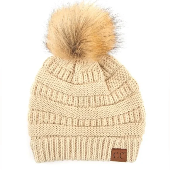 NWT C.C Beige PomPom Pom Pom Knit Beanie - Picture 4 of 4